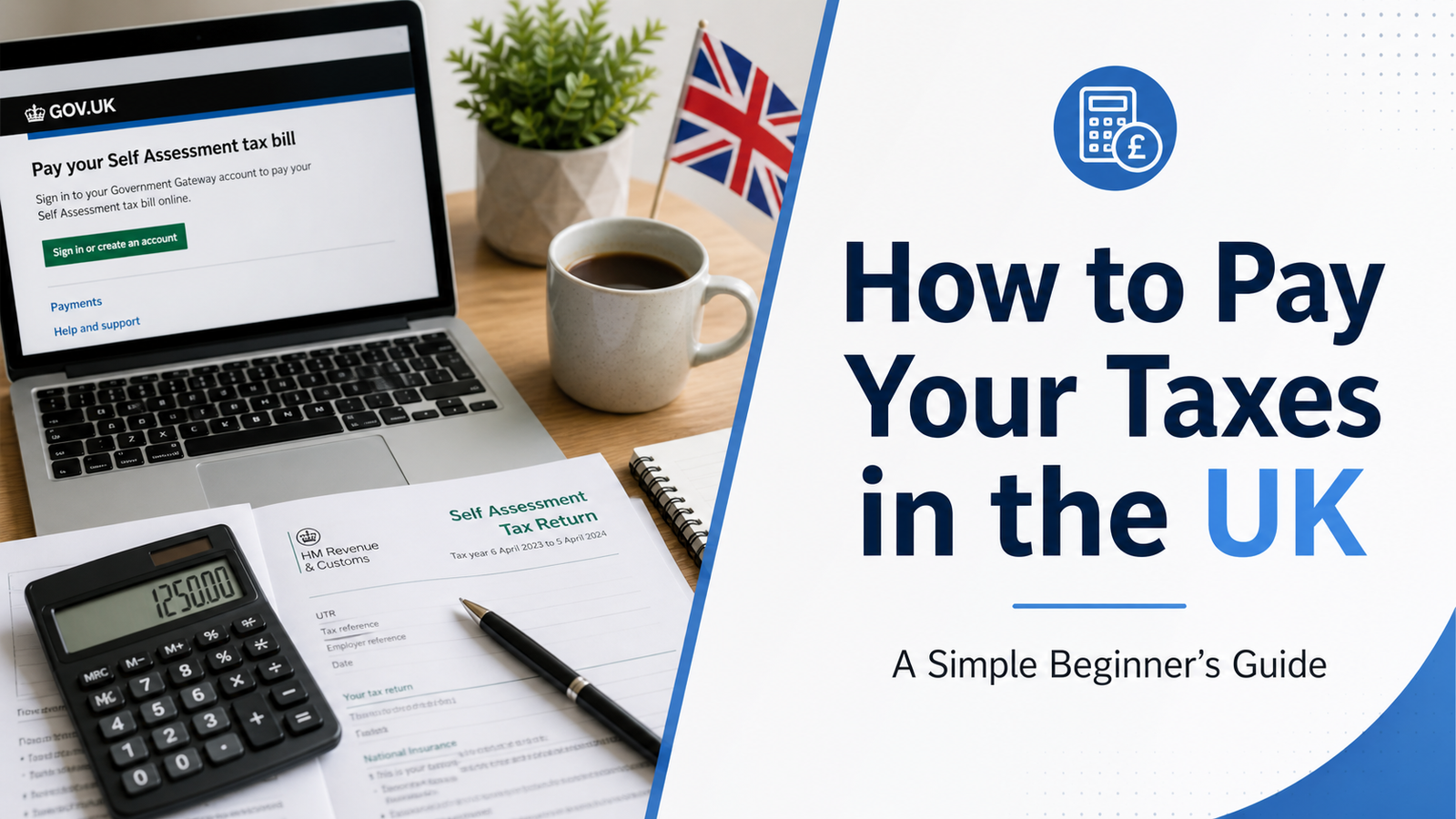 UK tax planning desk with calculator, documents and financial paperwork
